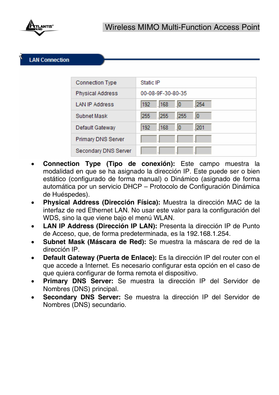 1 lan status – estado de la red local lan, Wireless mimo multi-function access point | Atlantis Land A02-AP2-W54M_MS01 User Manual | Page 33 / 60