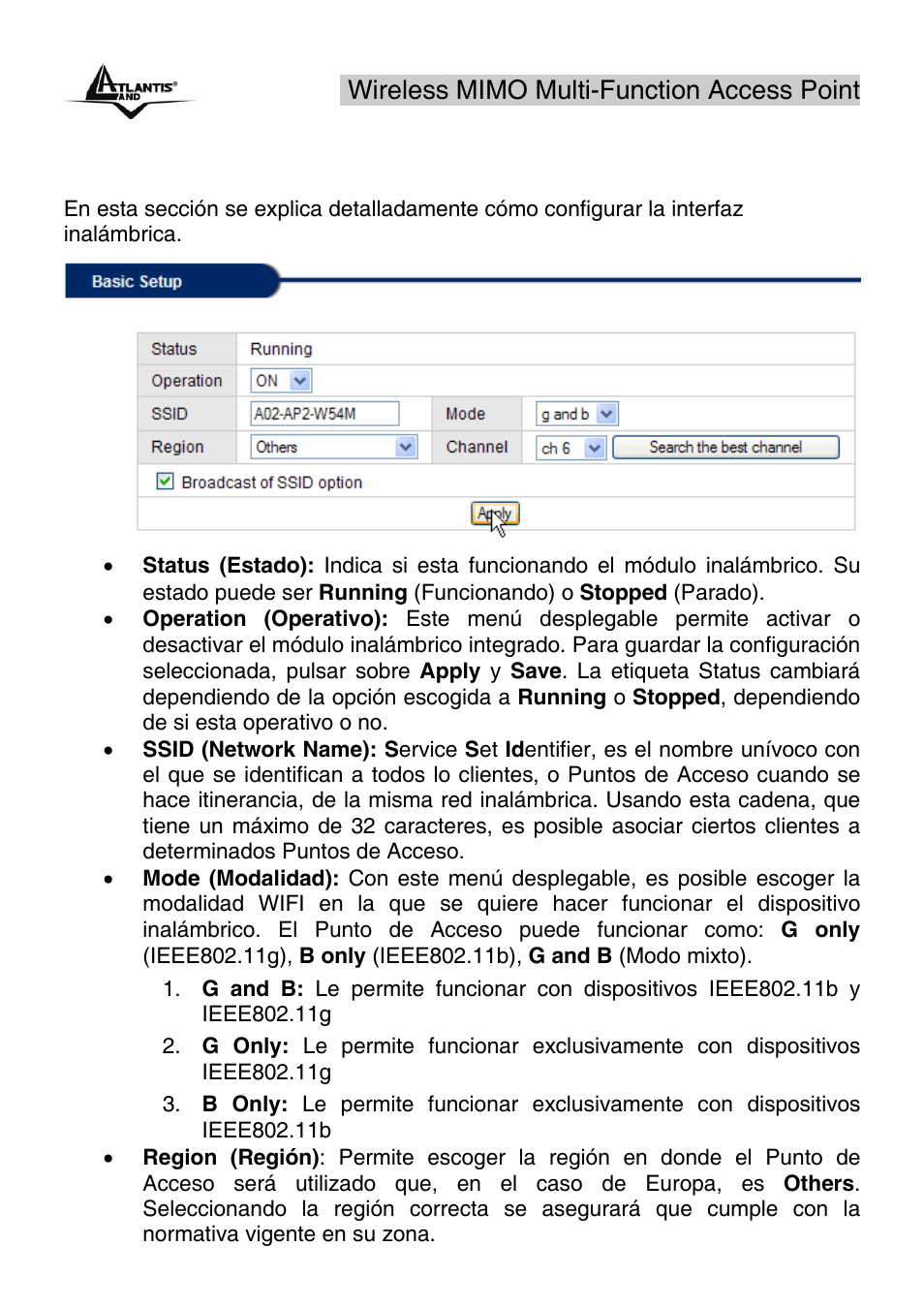 3 wireless basic setup – configuración básica, Wireless mimo multi-function access point | Atlantis Land A02-AP2-W54M_MS01 User Manual | Page 38 / 60