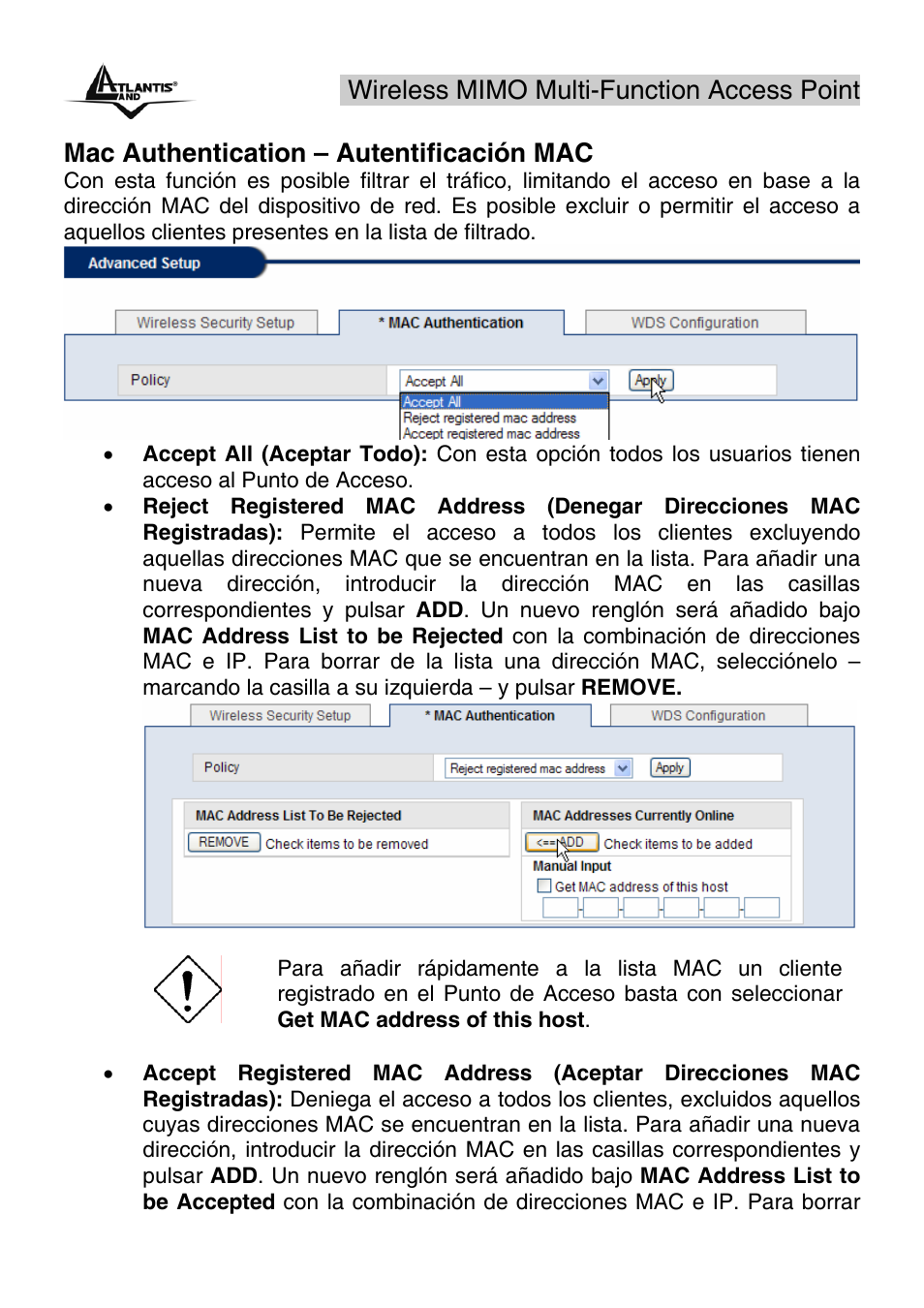 Wireless mimo multi-function access point, Mac authentication – autentificación mac | Atlantis Land A02-AP2-W54M_MS01 User Manual | Page 42 / 60