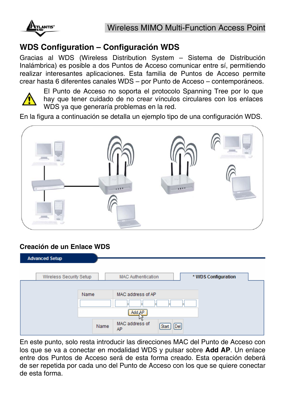 Wireless mimo multi-function access point, Wds configuration – configuración wds | Atlantis Land A02-AP2-W54M_MS01 User Manual | Page 44 / 60