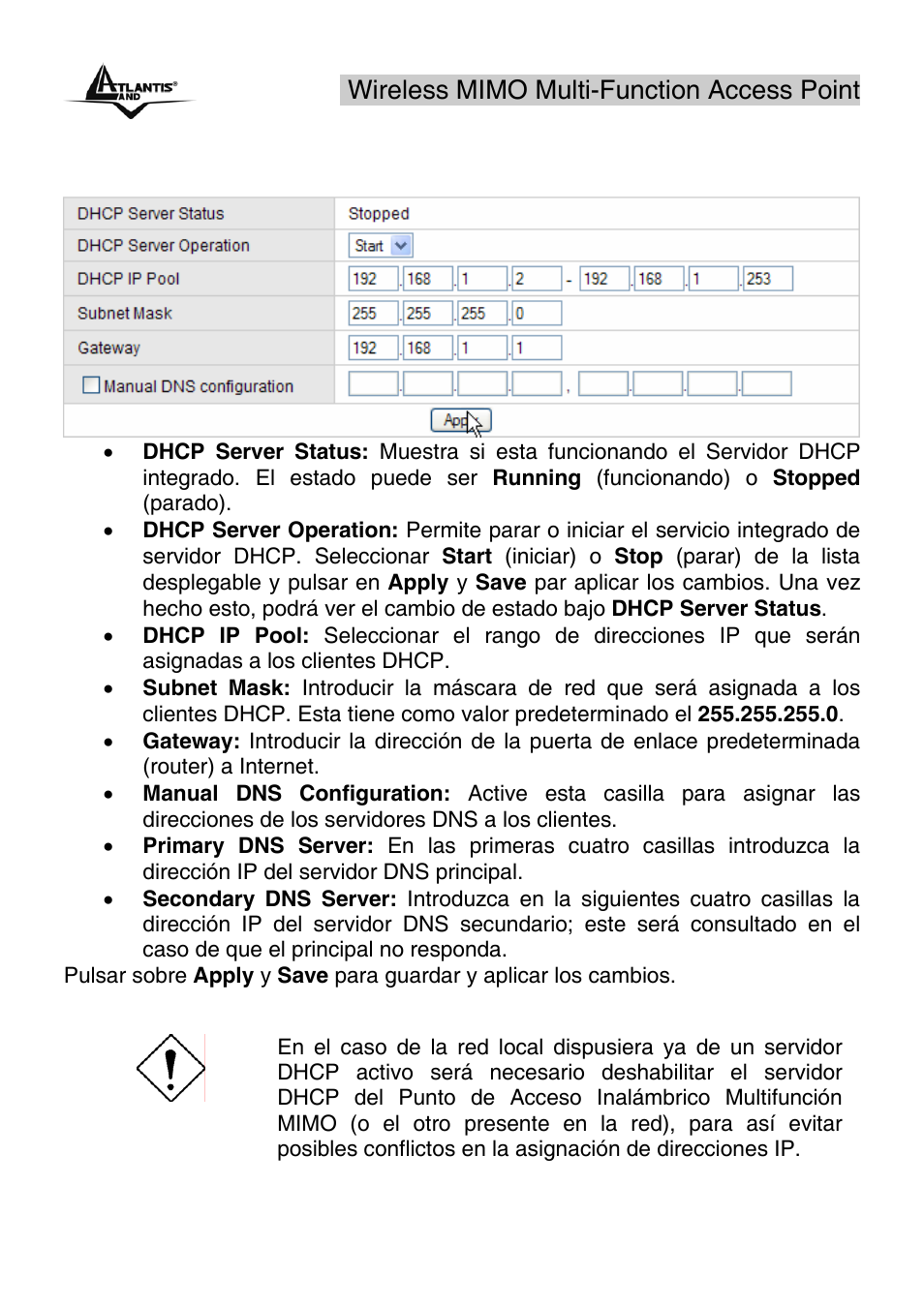 5 dhcp server setup – config. servidor dhcp, Wireless mimo multi-function access point | Atlantis Land A02-AP2-W54M_MS01 User Manual | Page 48 / 60