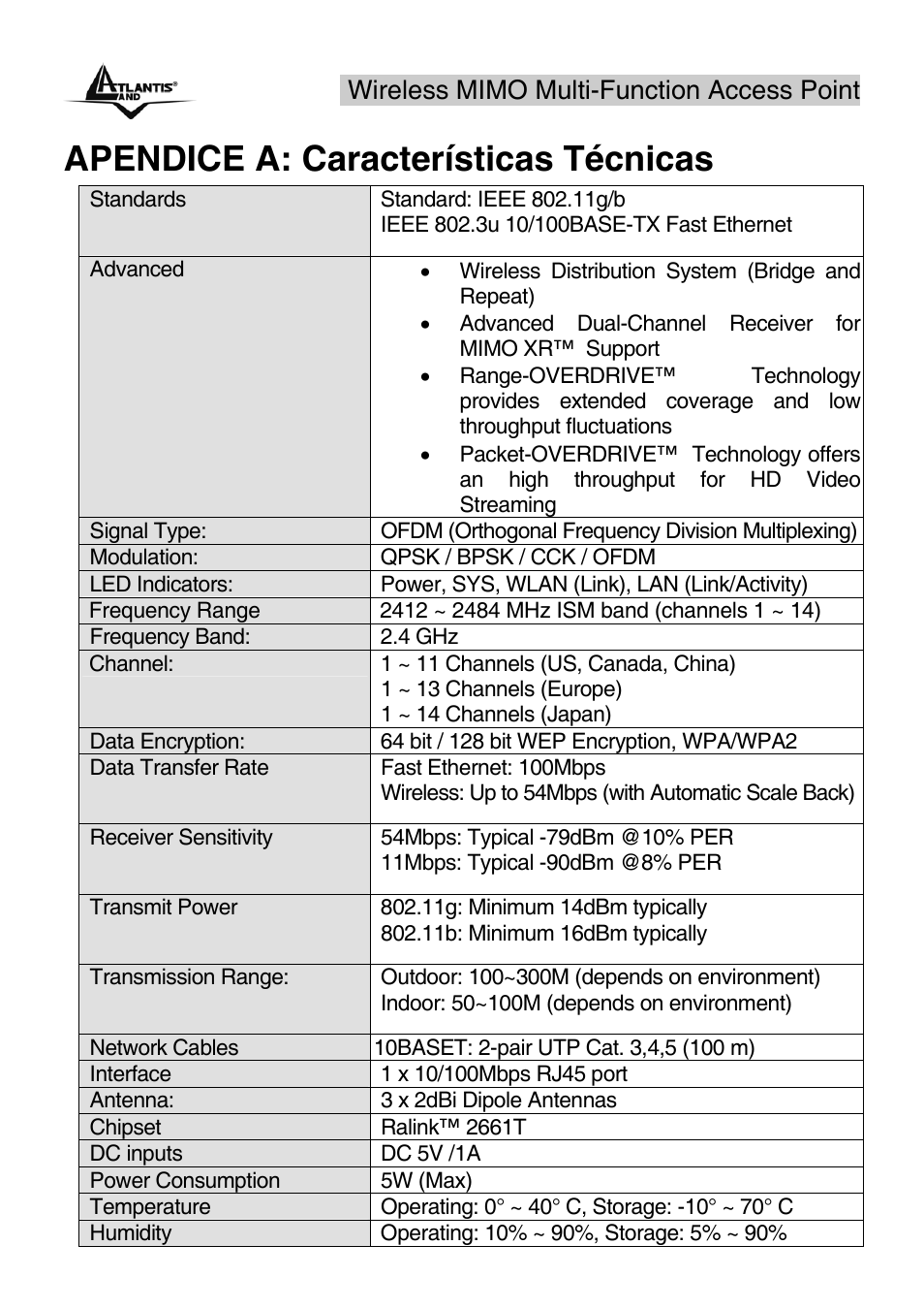 Apendice a: características técnicas, Wireless mimo multi-function access point | Atlantis Land A02-AP2-W54M_MS01 User Manual | Page 58 / 60