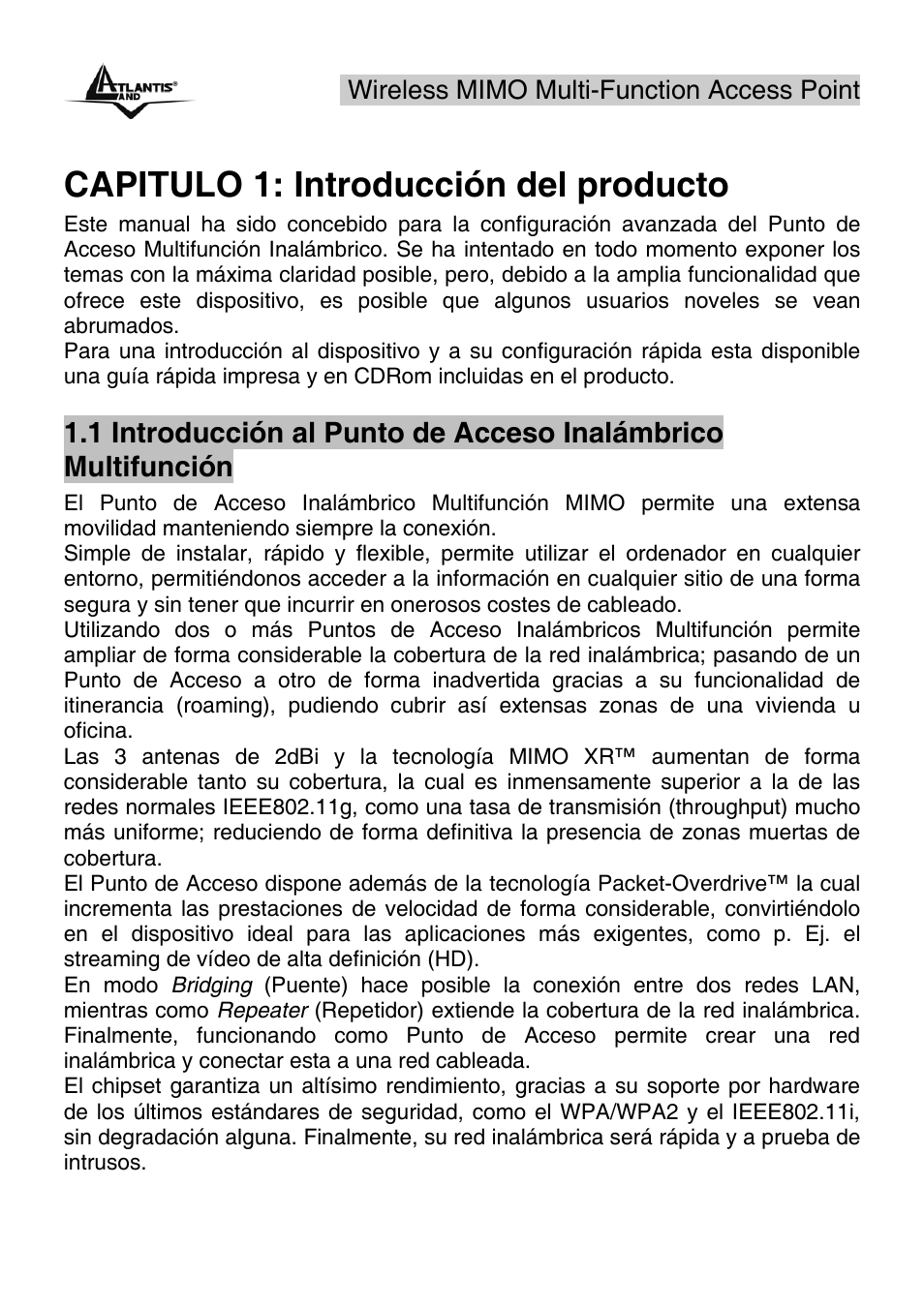Capitulo 1: introducción del producto | Atlantis Land A02-AP2-W54M_MS01 User Manual | Page 7 / 60