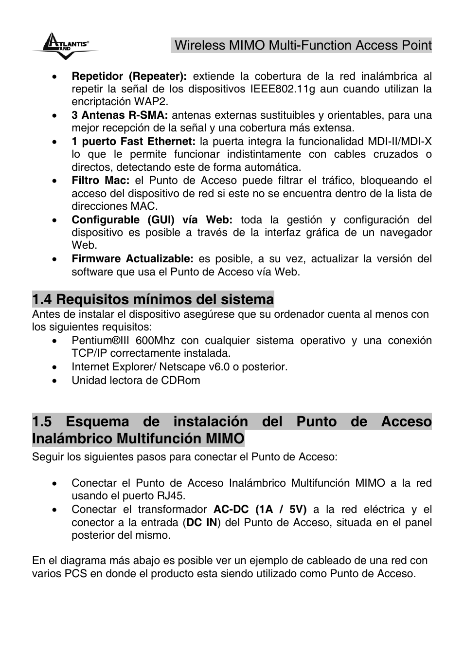 4 requisitos mínimos del sistema, Wireless mimo multi-function access point | Atlantis Land A02-AP2-W54M_MS01 User Manual | Page 9 / 60