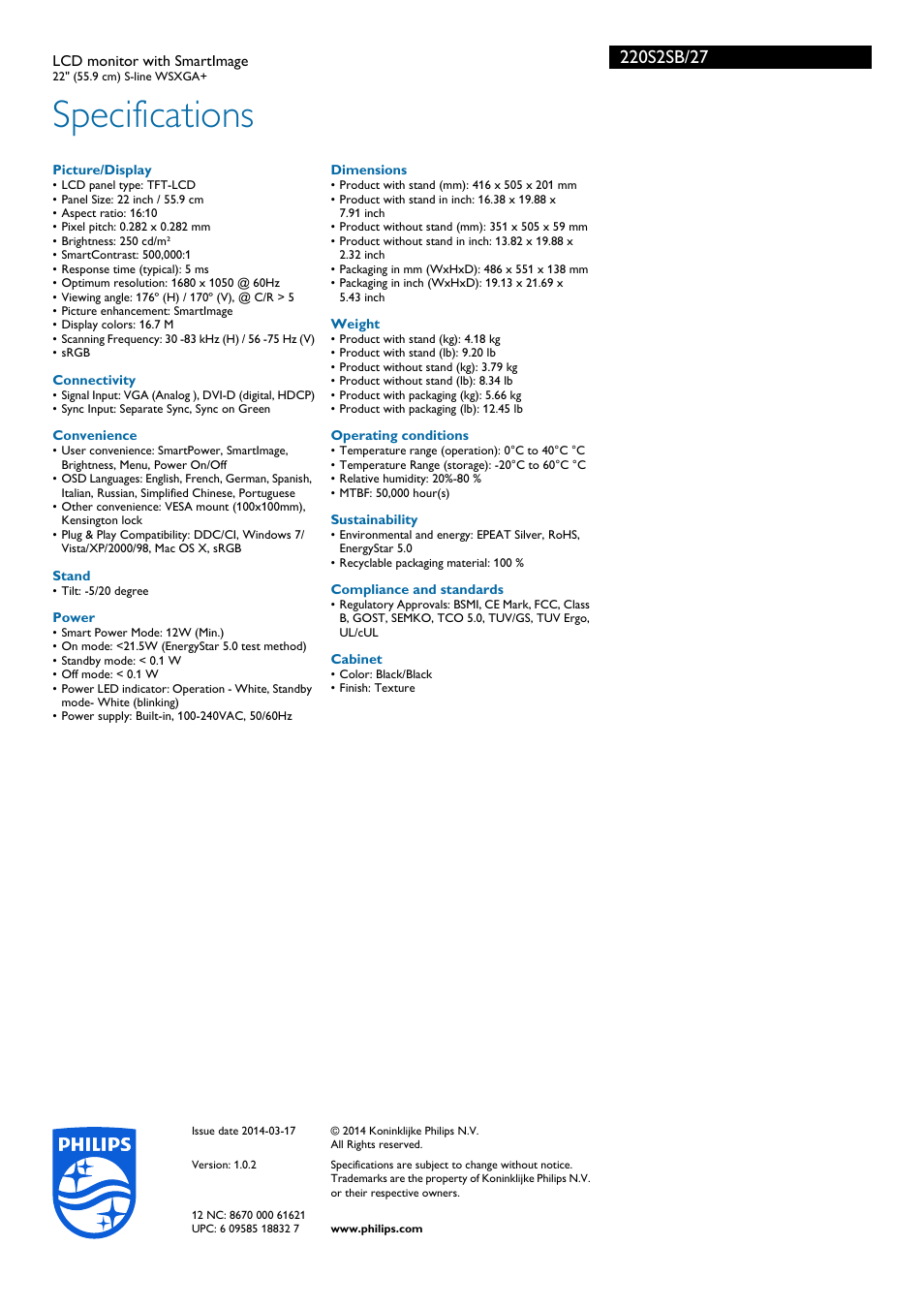 Specifications | Philips 220S2SB-27 User Manual | Page 3 / 3