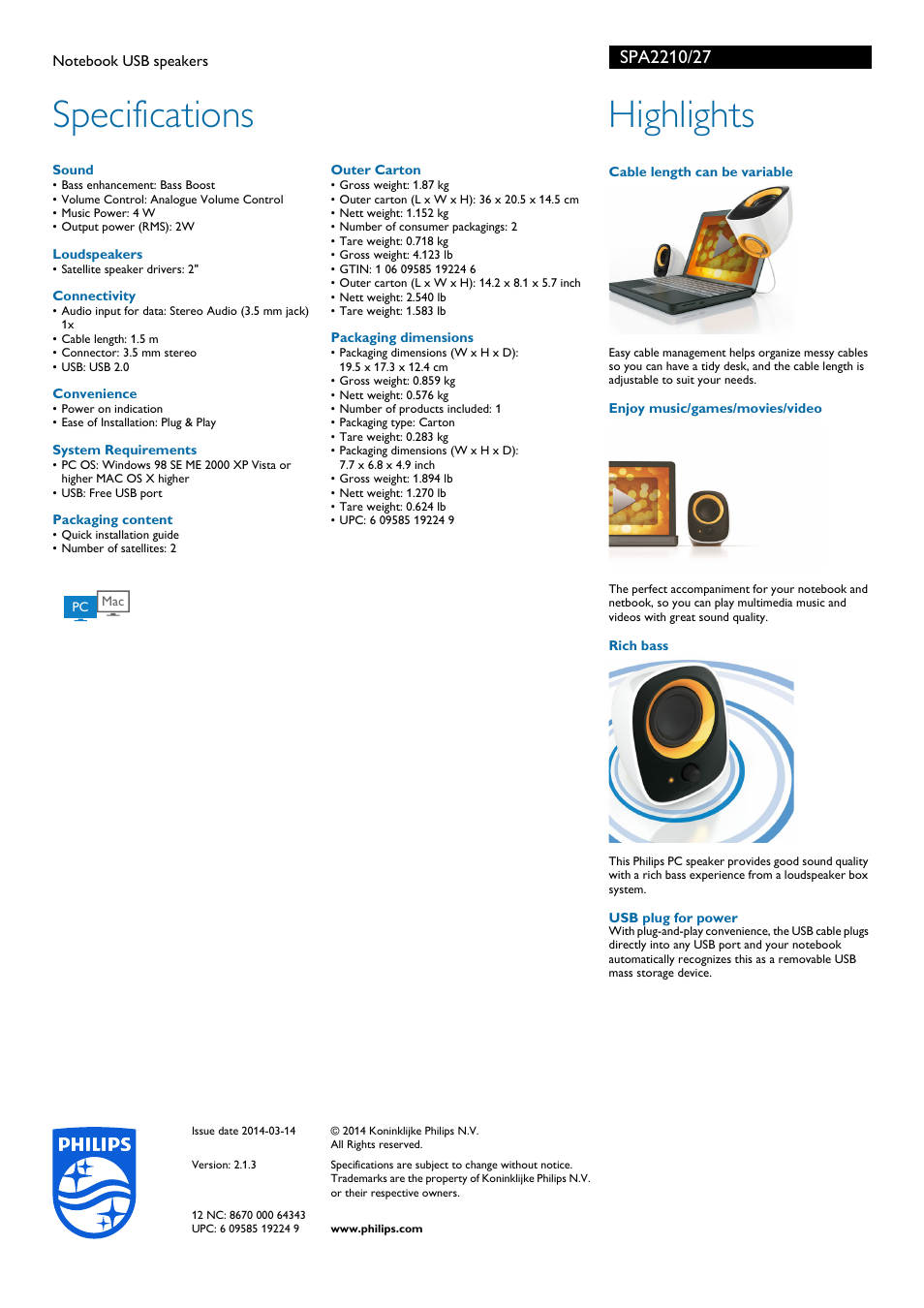 Specifications, Highlights | Philips SPA2210-27 User Manual | Page 2 / 2