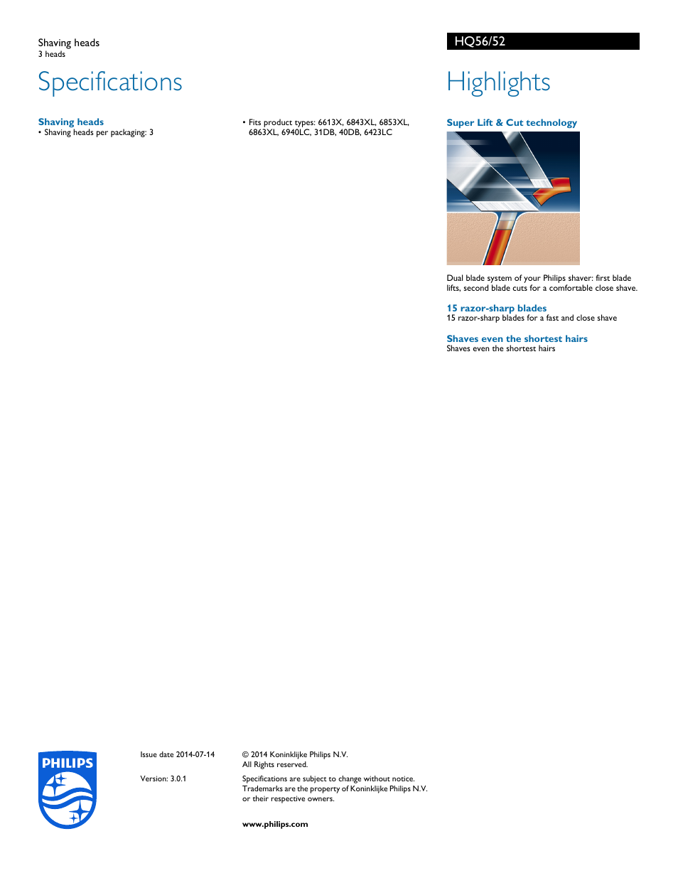 Specifications, Highlights, Hq56/52 | Philips HQ56-52 User Manual | Page 2 / 2