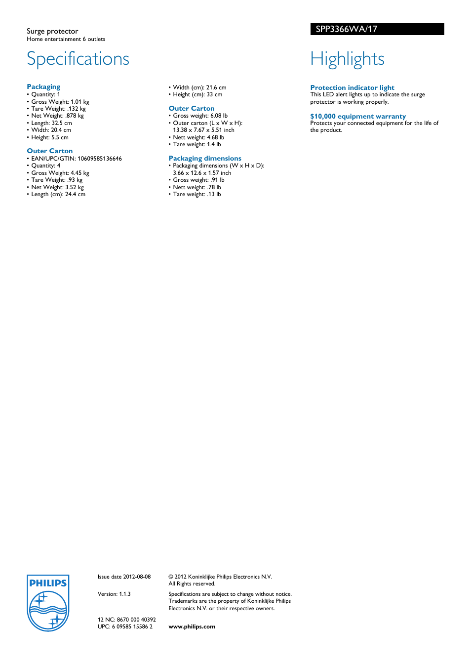 Specifications, Highlights | Philips SPP3366WA-17 User Manual | Page 2 / 2