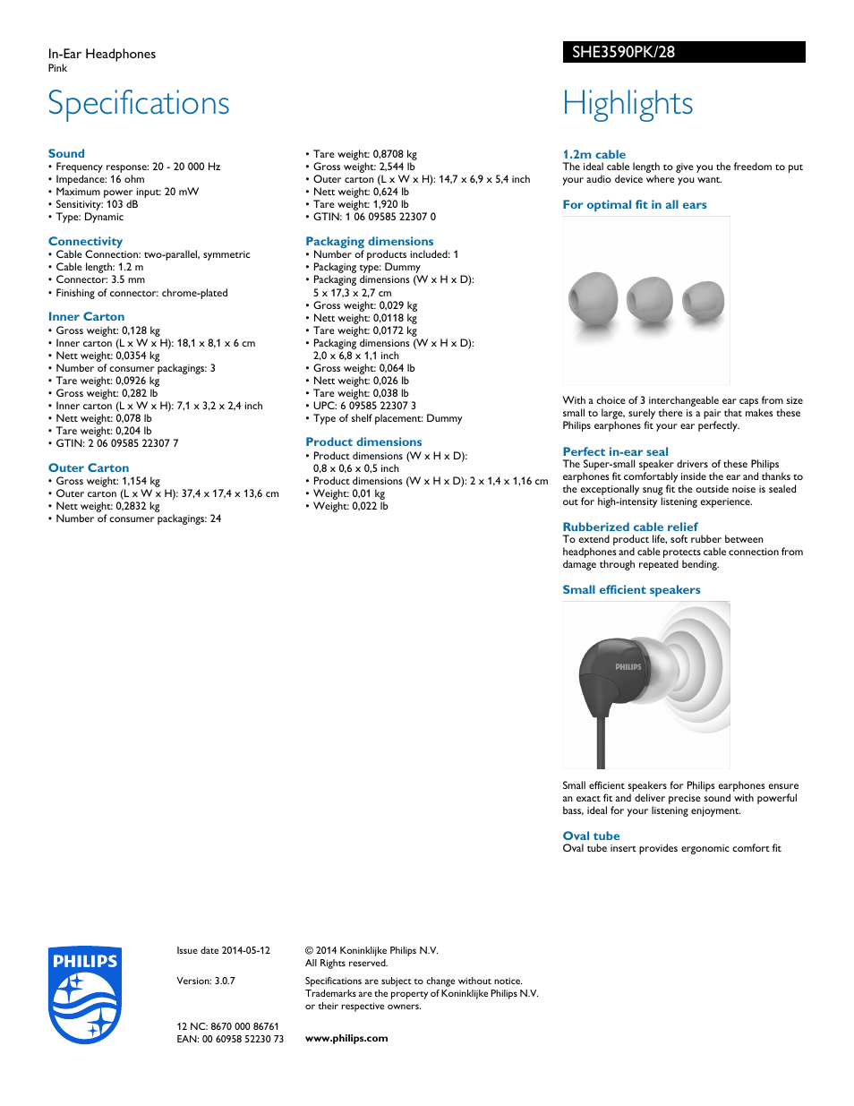 Specifications, Highlights | Philips SHE3590PK-28 User Manual | Page 2 / 2