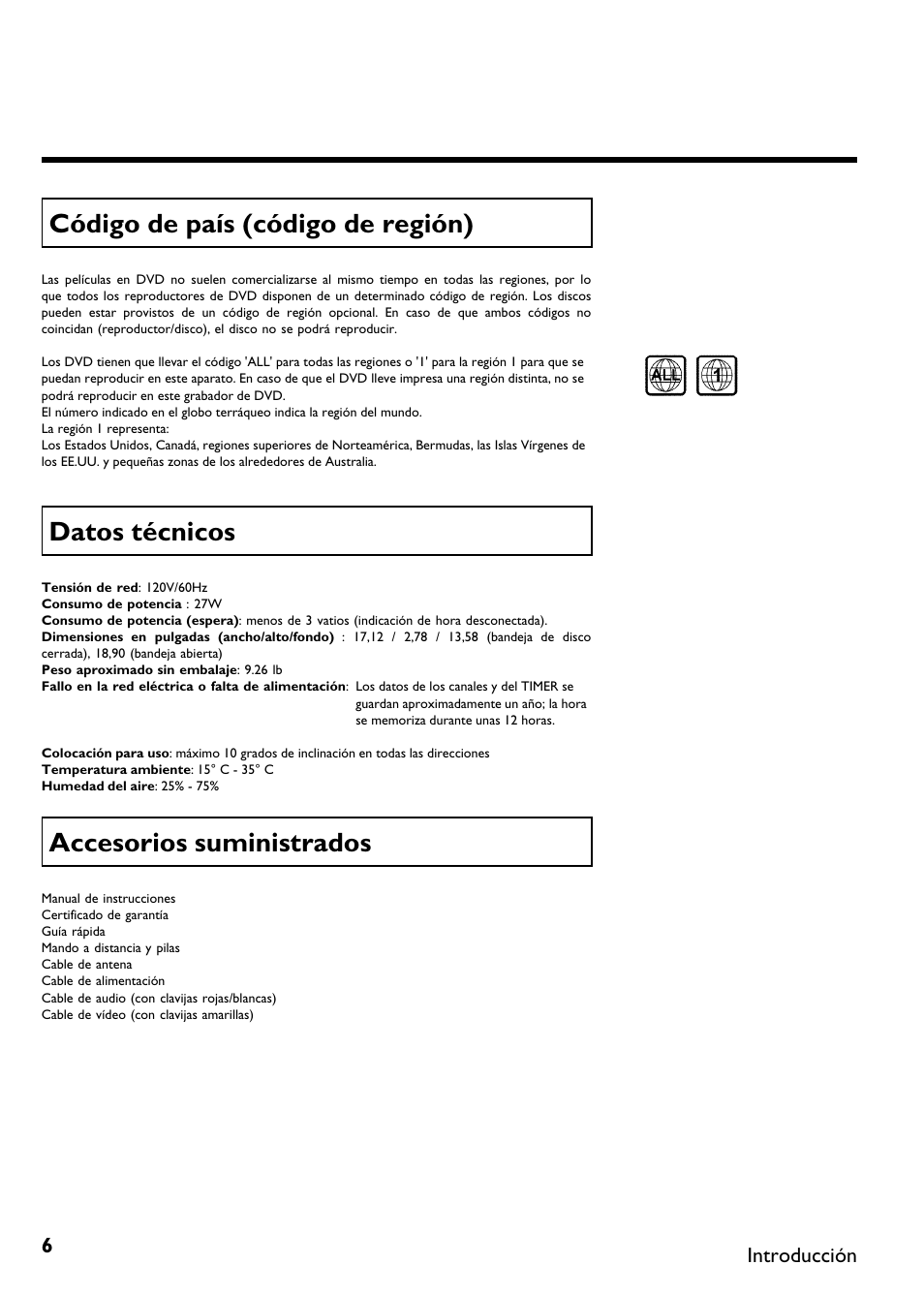 Código de país (código de región), Datos técnicos, Accesorios suministrados | Philips DVDR615-17B User Manual | Page 112 / 189