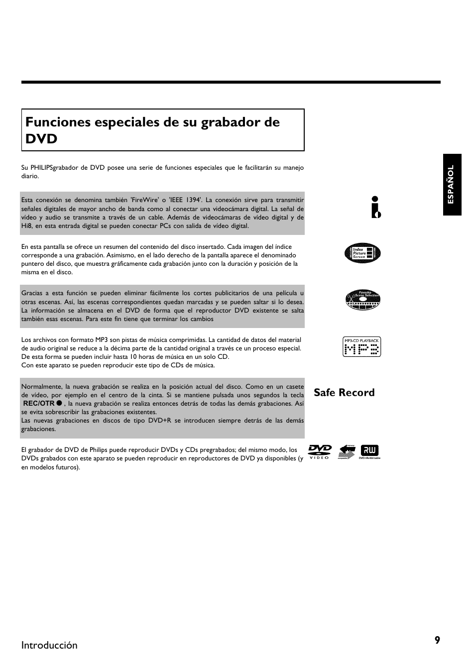 Funciones especiales de su grabador de dvd, Introducción | Philips DVDR615-17B User Manual | Page 115 / 189