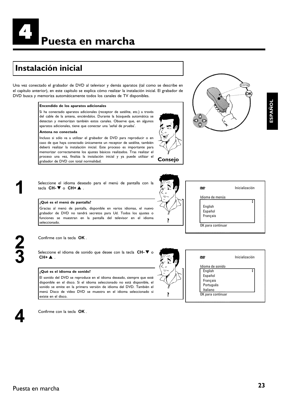 Puesta en marcha, Instalación inicial | Philips DVDR615-17B User Manual | Page 129 / 189