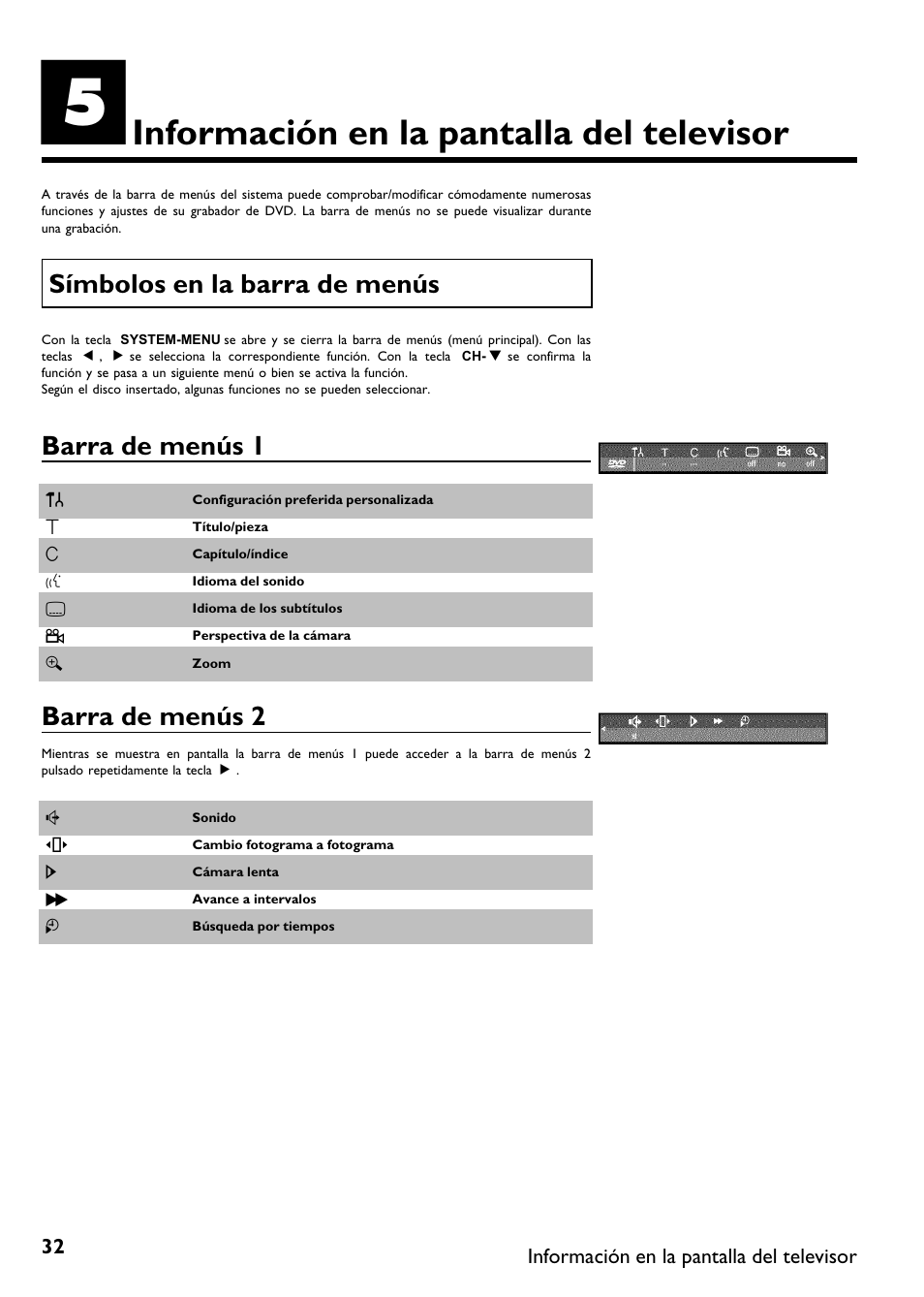 Información en la pantalla del televisor, Símbolos en la barra de menús, Barra de menús 1 | Barra de menús 2 | Philips DVDR615-17B User Manual | Page 138 / 189