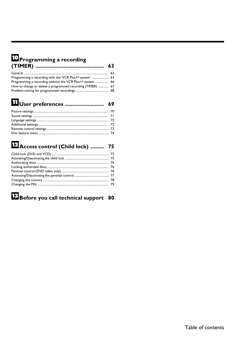 Programming a recording (timer) 63, User preferences 69, Access control (child lock) 75 | Philips DVDR615-17B User Manual | Page 14 / 189