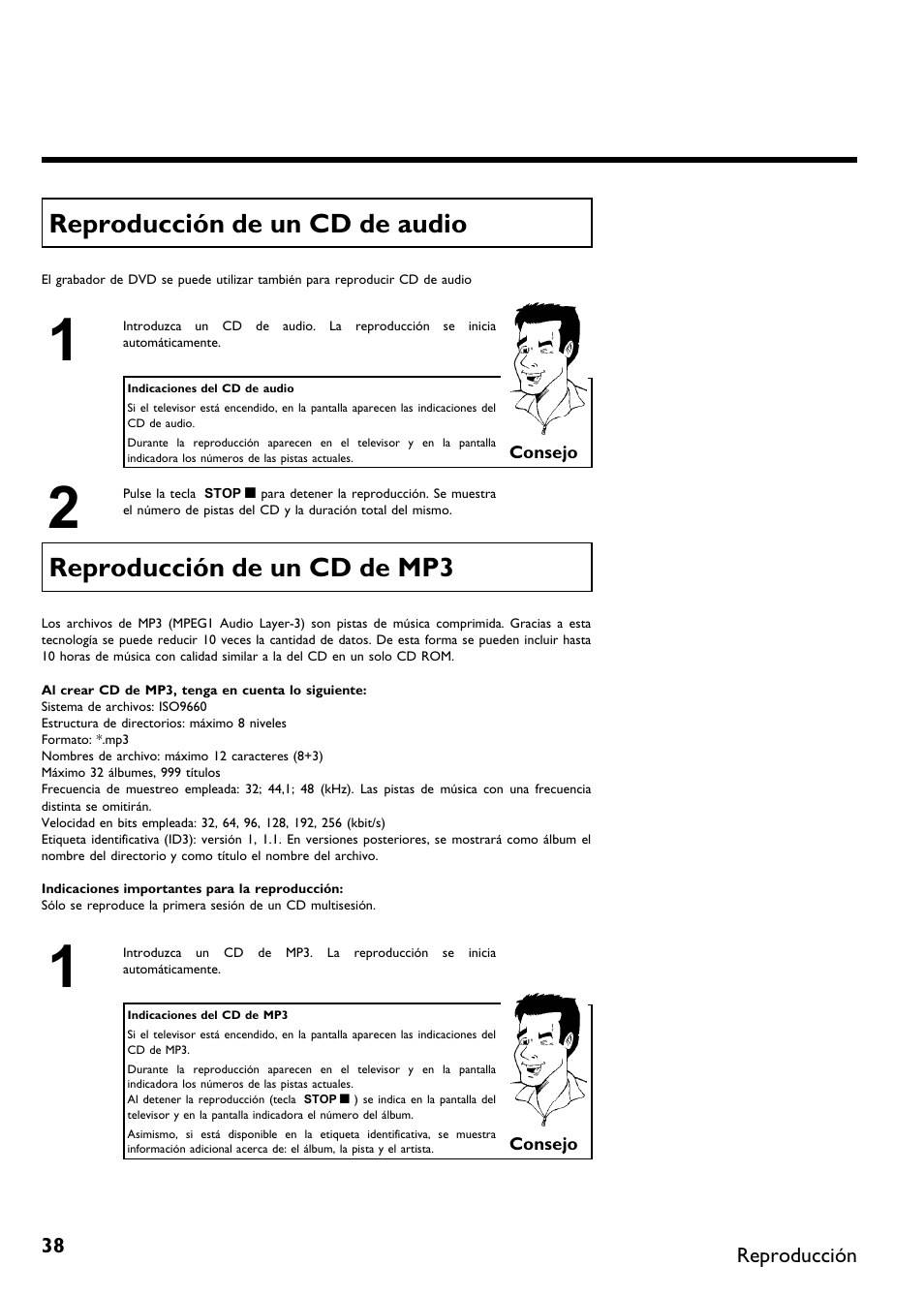 Reproducción de un cd de audio, Reproducción de un cd de mp3 | Philips DVDR615-17B User Manual | Page 144 / 189
