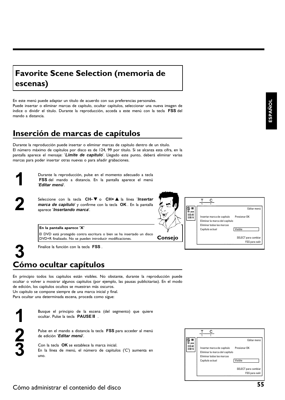 Inserción de marcas de capítulos, Cómo ocultar capítulos | Philips DVDR615-17B User Manual | Page 161 / 189