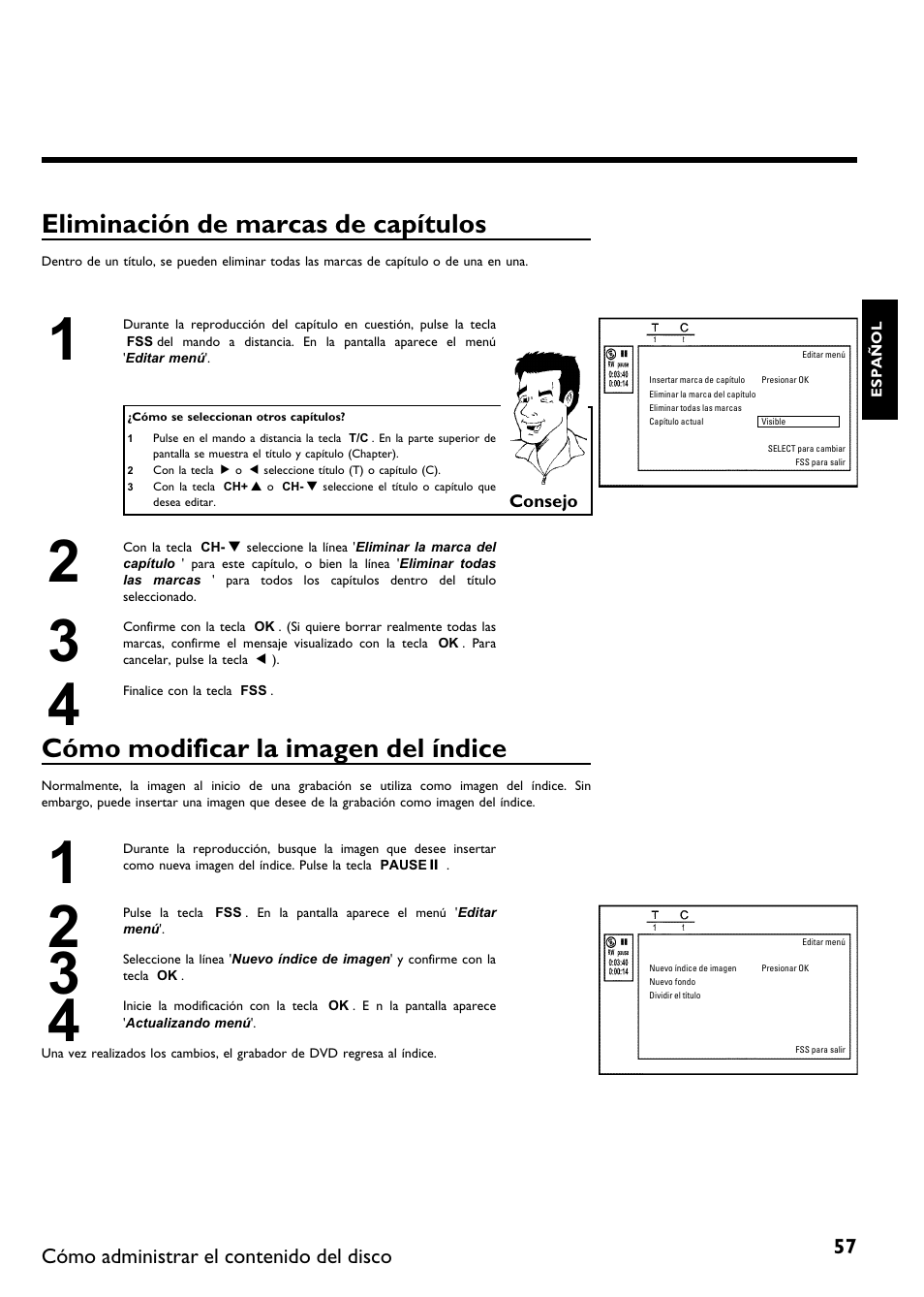 Eliminación de marcas de capítulos, Cómo modificar la imagen del índice | Philips DVDR615-17B User Manual | Page 163 / 189