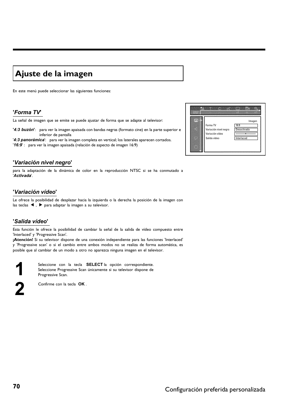 Ajuste de la imagen, Configuración preferida personalizada | Philips DVDR615-17B User Manual | Page 176 / 189