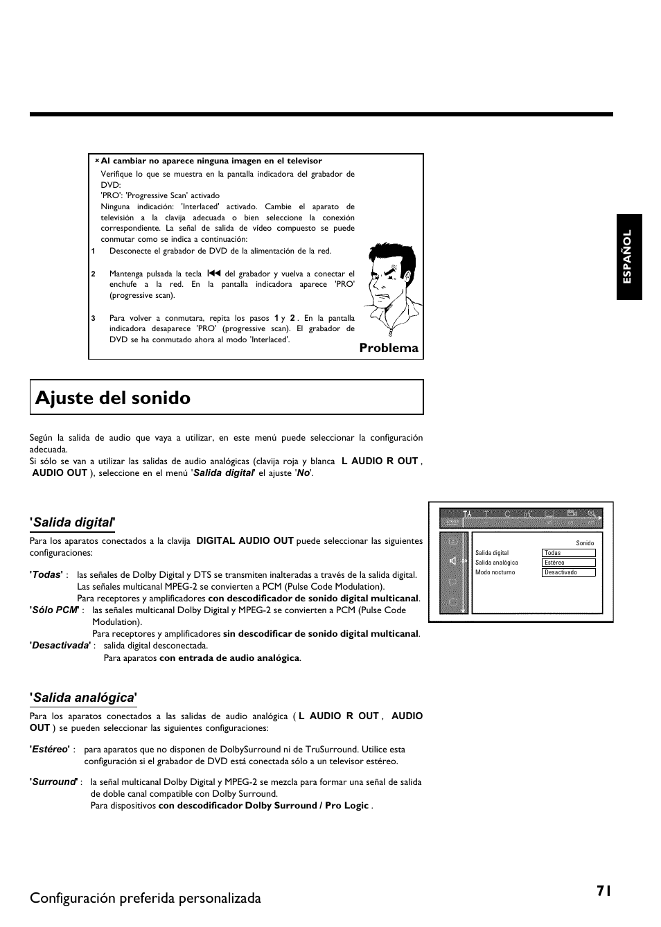 Ajuste del sonido, Configuración preferida personalizada, Problema | Salida digital, Salida analógica | Philips DVDR615-17B User Manual | Page 177 / 189