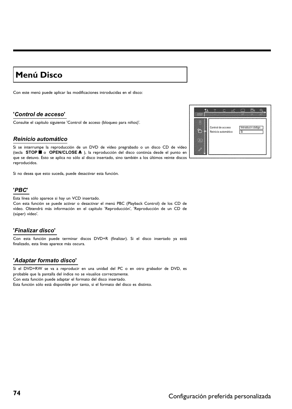 Menú disco, Configuración preferida personalizada | Philips DVDR615-17B User Manual | Page 180 / 189