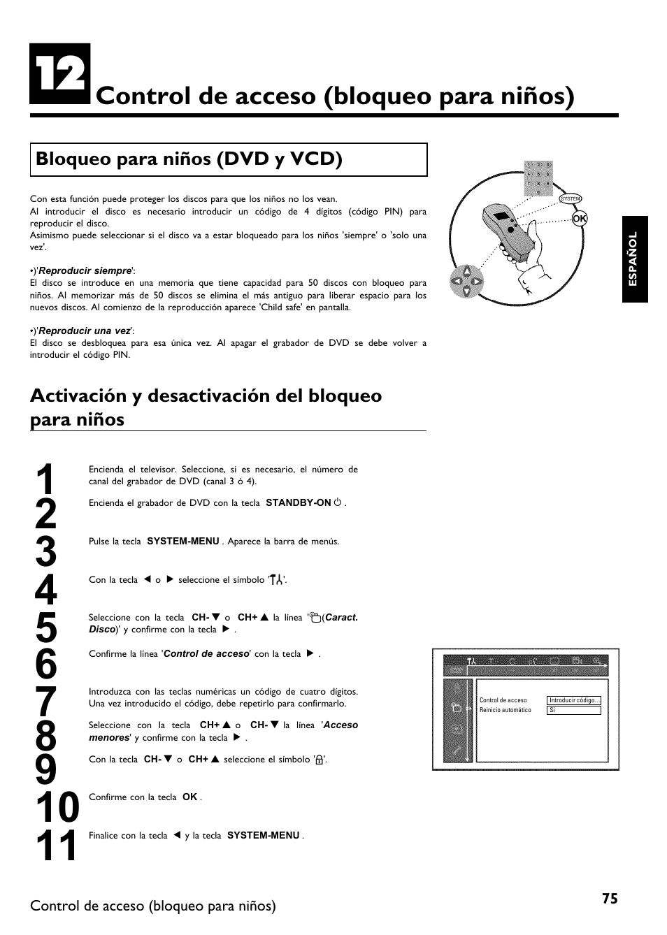 Control de acceso (bloqueo para niños) | Philips DVDR615-17B User Manual | Page 181 / 189