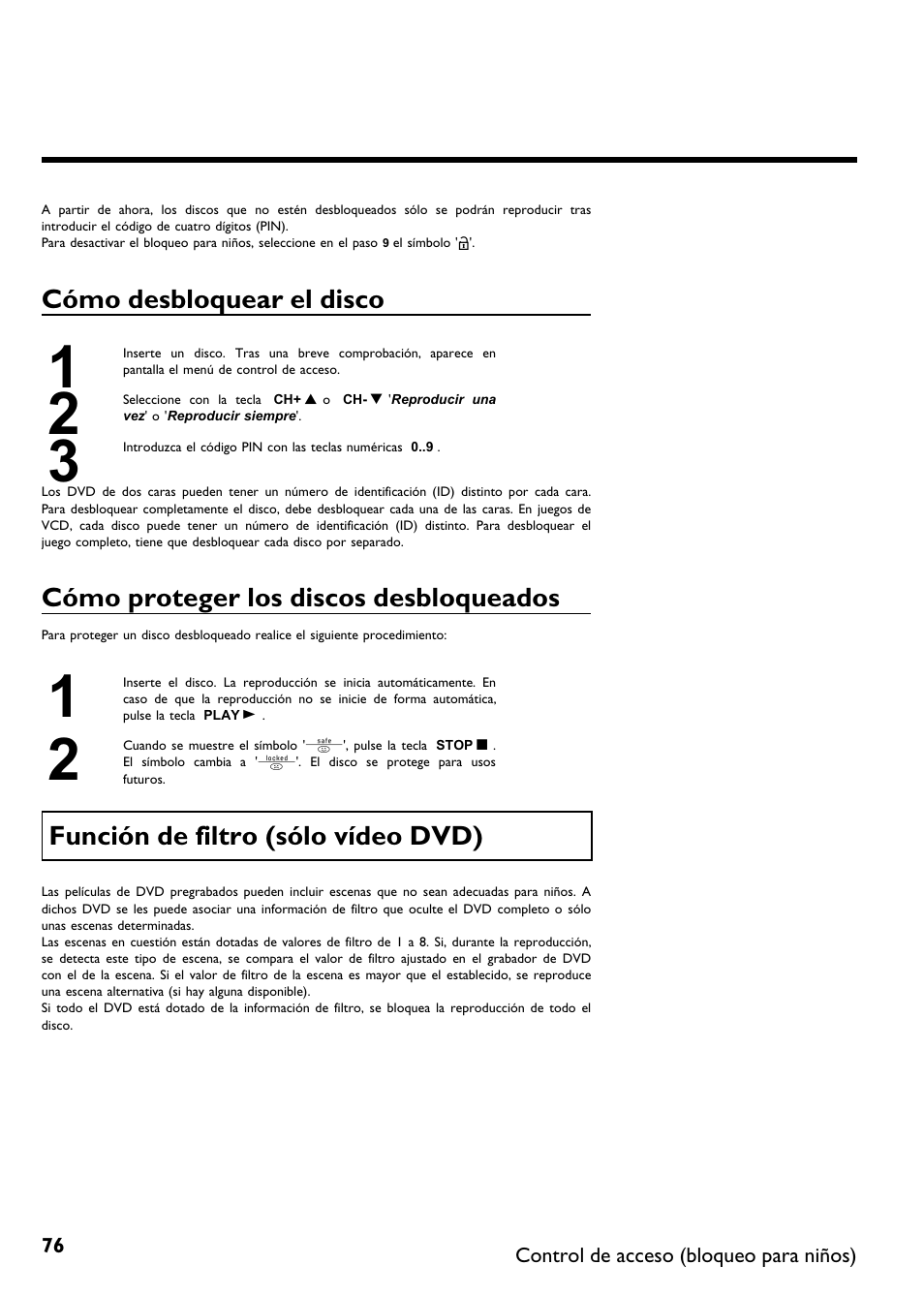 Cómo desbloquear el disco, Cómo proteger los discos desbloqueados, Función de filtro (sólo vídeo dvd) | Philips DVDR615-17B User Manual | Page 182 / 189