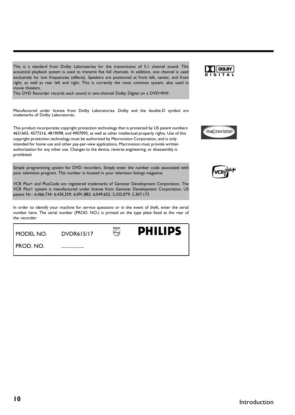 Introduction | Philips DVDR615-17B User Manual | Page 22 / 189