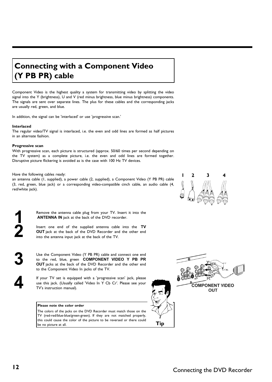 Connecting with a component video (y pb pr) cable | Philips DVDR615-17B User Manual | Page 24 / 189