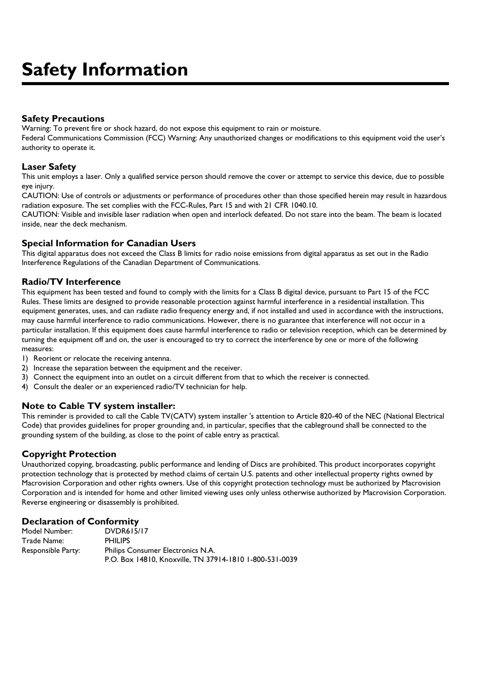 Safety information | Philips DVDR615-17B User Manual | Page 3 / 189