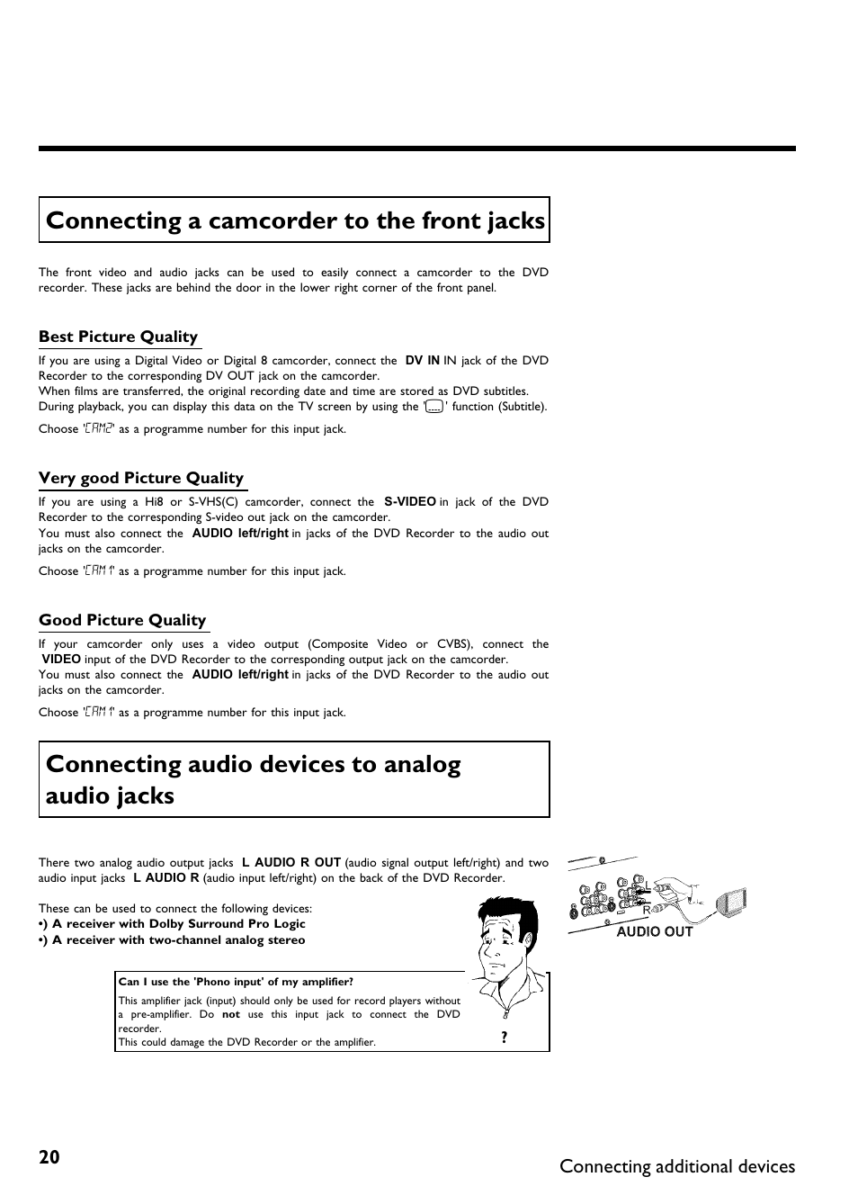 Connecting a camcorder to the front jacks, Connecting audio devices to analog audio jacks, Connecting additional devices | Philips DVDR615-17B User Manual | Page 32 / 189