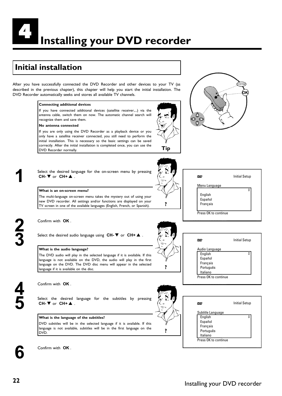 Installing your dvd recorder, Initial installation | Philips DVDR615-17B User Manual | Page 34 / 189