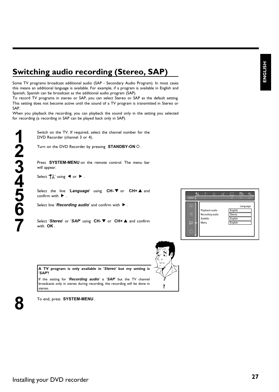 Switching audio recording (stereo, sap) | Philips DVDR615-17B User Manual | Page 39 / 189