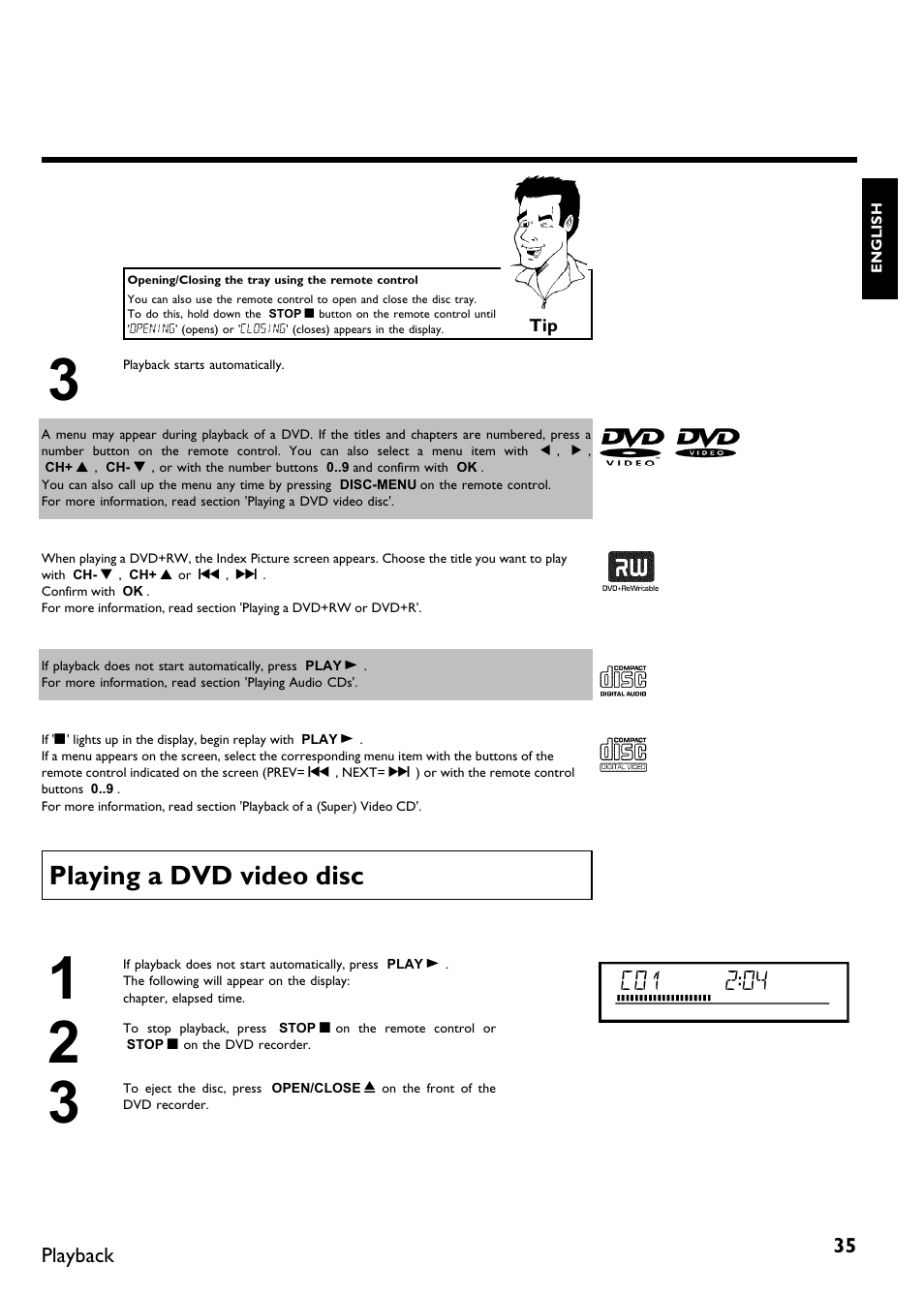 Playing a dvd video disc | Philips DVDR615-17B User Manual | Page 47 / 189