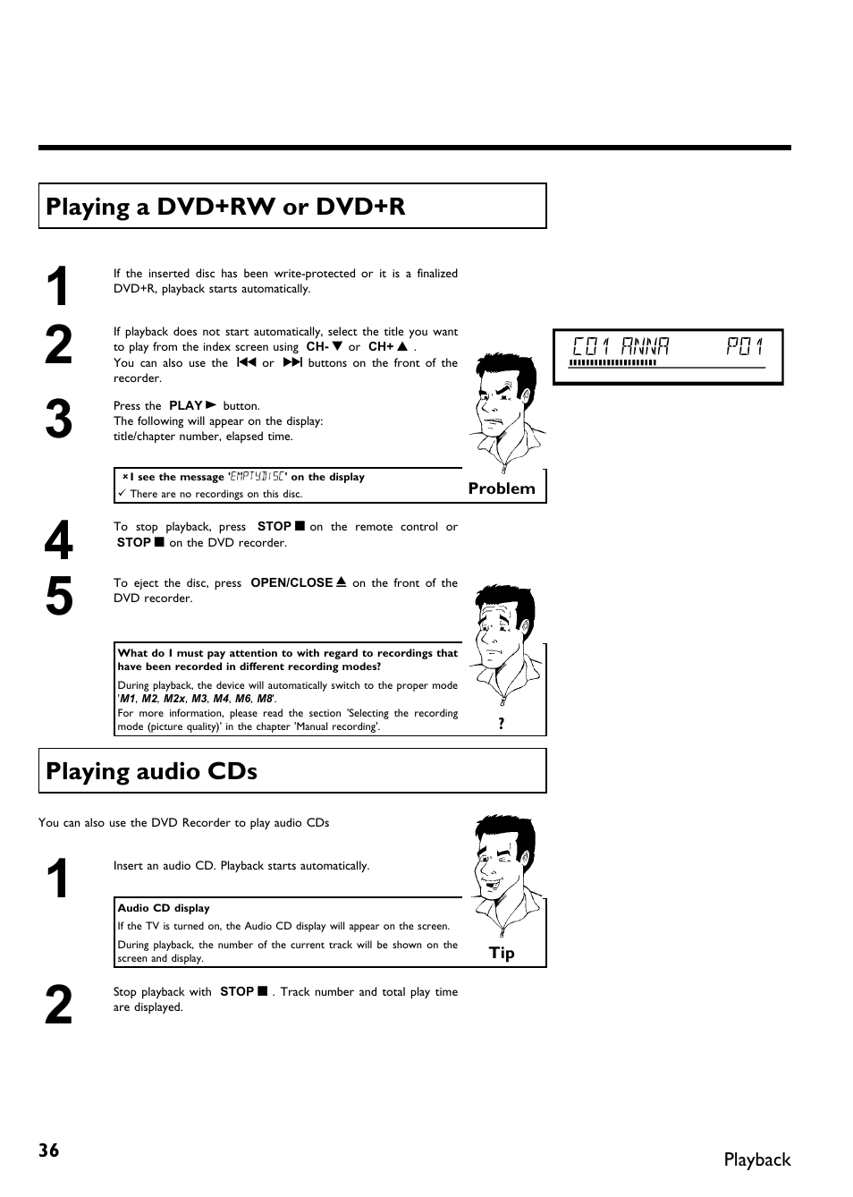 Playing a dvd+rw or dvd+r, Playing audio cds | Philips DVDR615-17B User Manual | Page 48 / 189