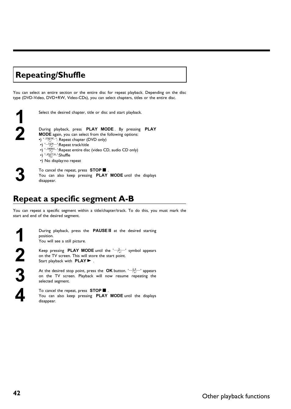 Repeating/shuffle, Repeat a specific segment a b | Philips DVDR615-17B User Manual | Page 54 / 189