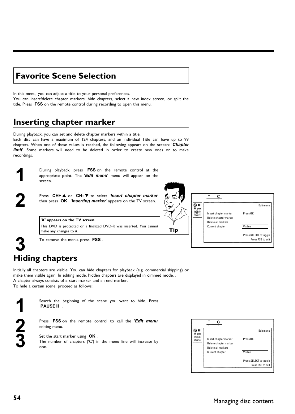 Favorite scene selection, Inserting chapter marker, Hiding chapters | Philips DVDR615-17B User Manual | Page 66 / 189