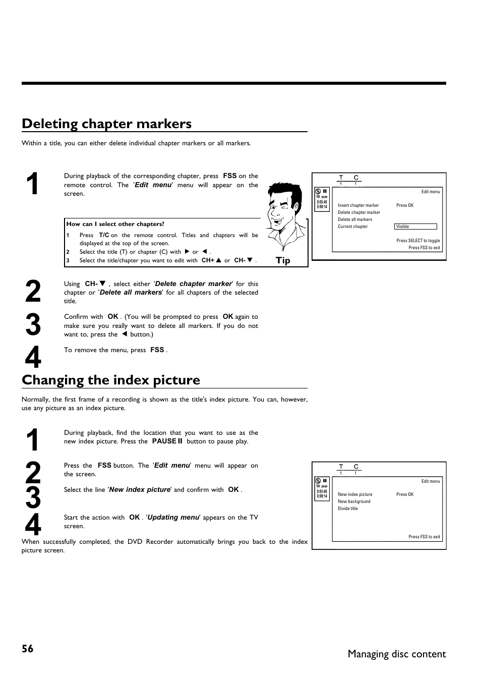 Deleting chapter markers, Changing the index picture | Philips DVDR615-17B User Manual | Page 68 / 189