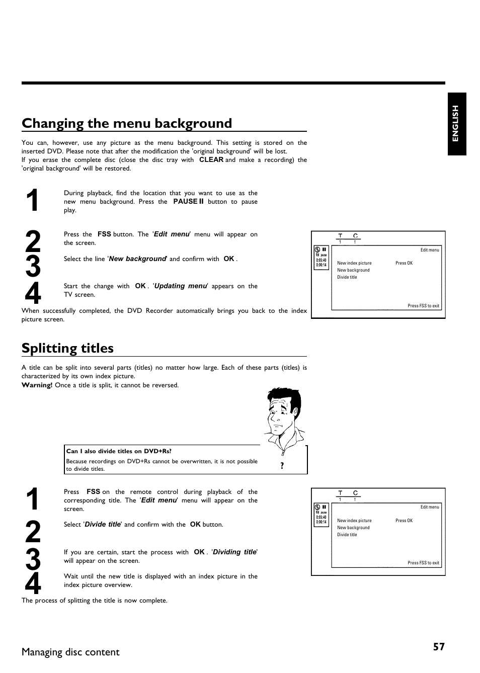 Changing the menu background, Splitting titles | Philips DVDR615-17B User Manual | Page 69 / 189