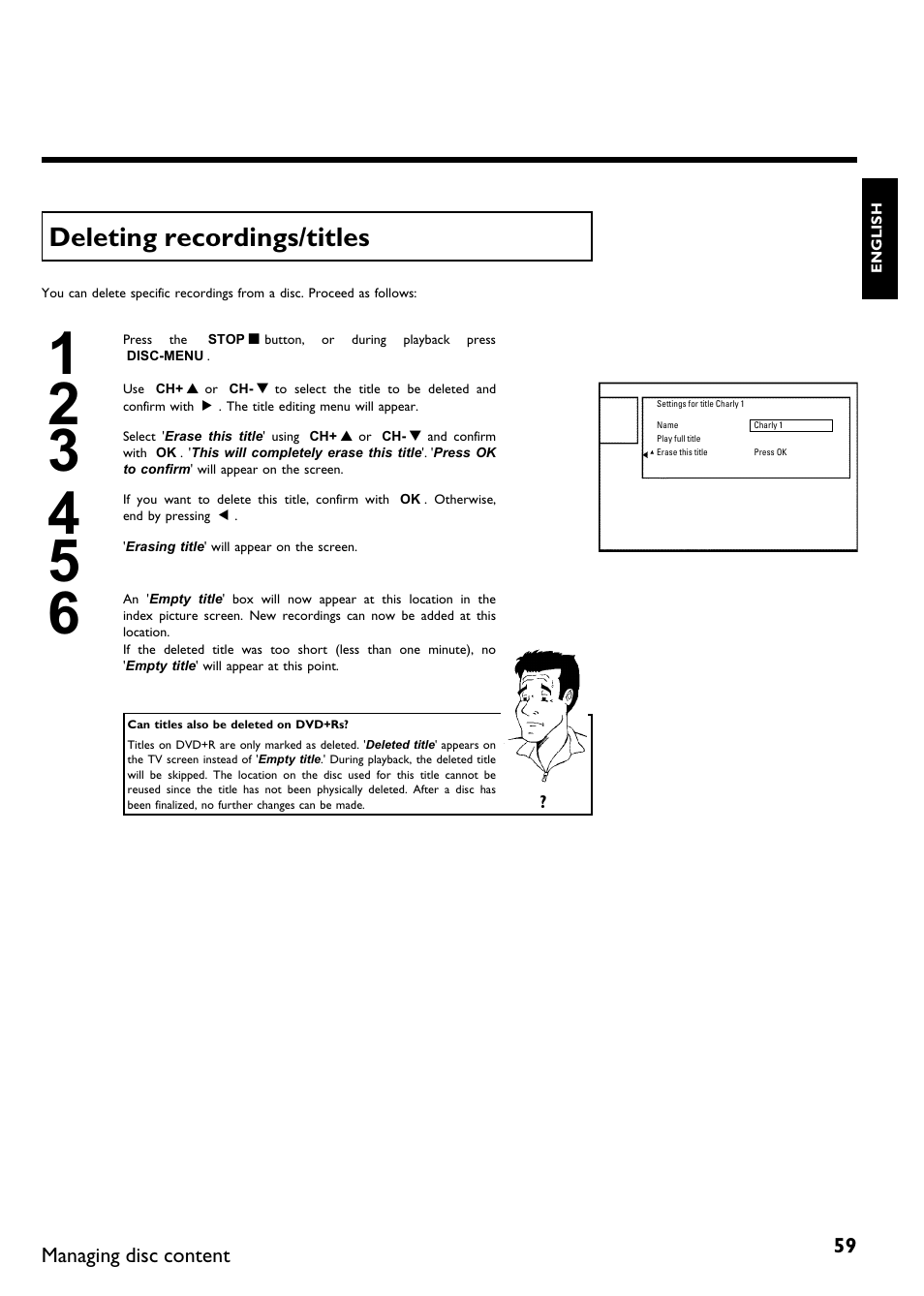 Deleting recordings/titles | Philips DVDR615-17B User Manual | Page 71 / 189
