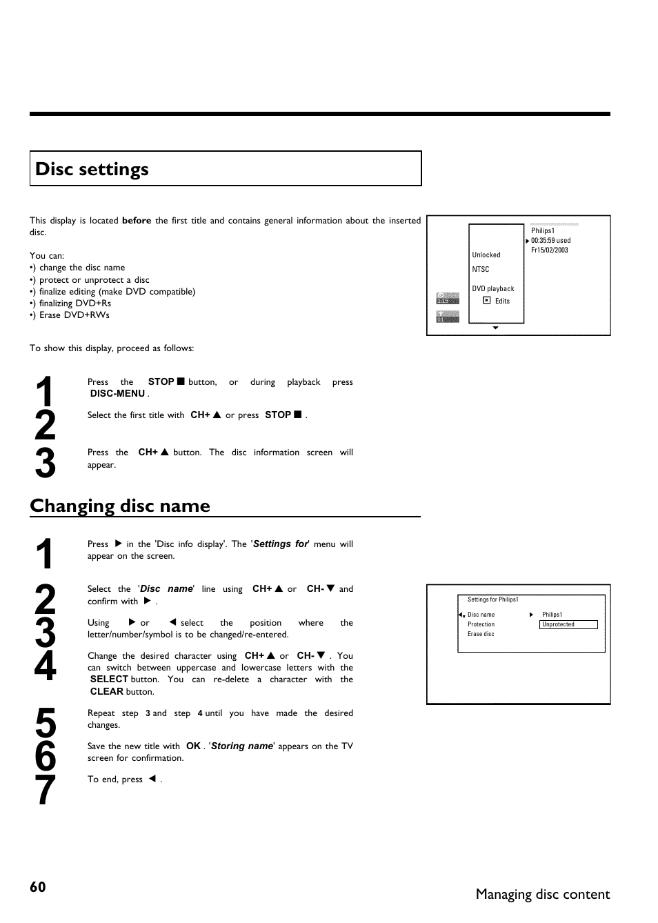 Disc settings, Changing disc name | Philips DVDR615-17B User Manual | Page 72 / 189