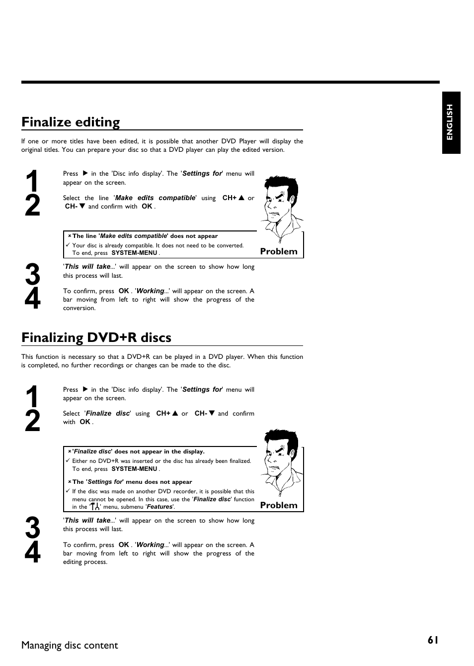 Finalize editing, Finalizing dvd+r discs | Philips DVDR615-17B User Manual | Page 73 / 189