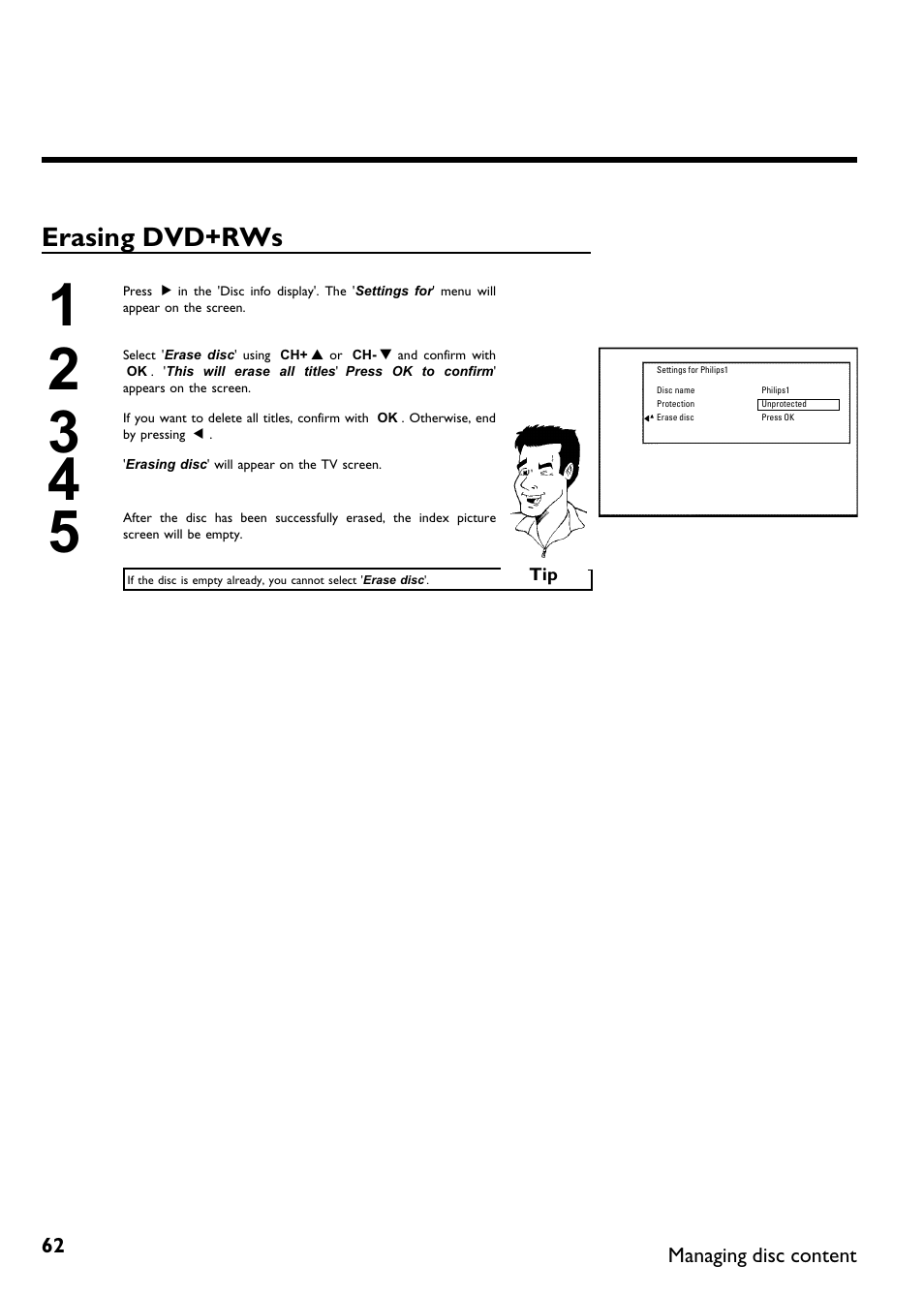 Erasing dvd+rws | Philips DVDR615-17B User Manual | Page 74 / 189