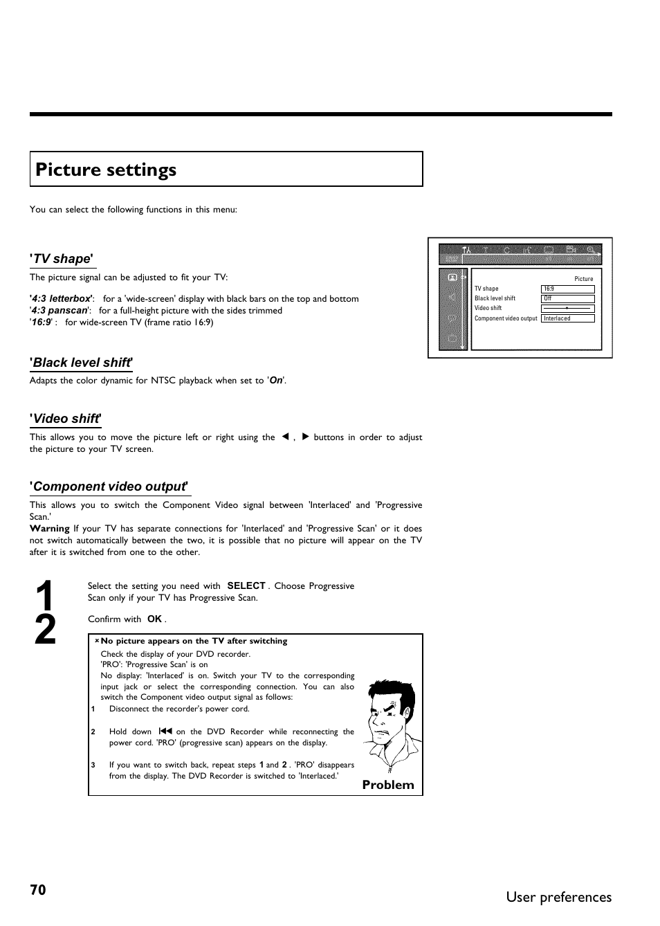 Picture settings, User preferences | Philips DVDR615-17B User Manual | Page 82 / 189