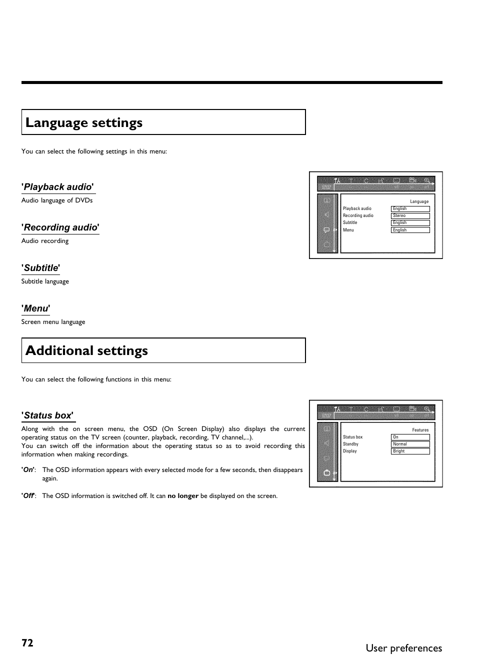 Language settings, Additional settings, User preferences | Playback audio, Recording audio, Subtitle, Menu, Status box | Philips DVDR615-17B User Manual | Page 84 / 189