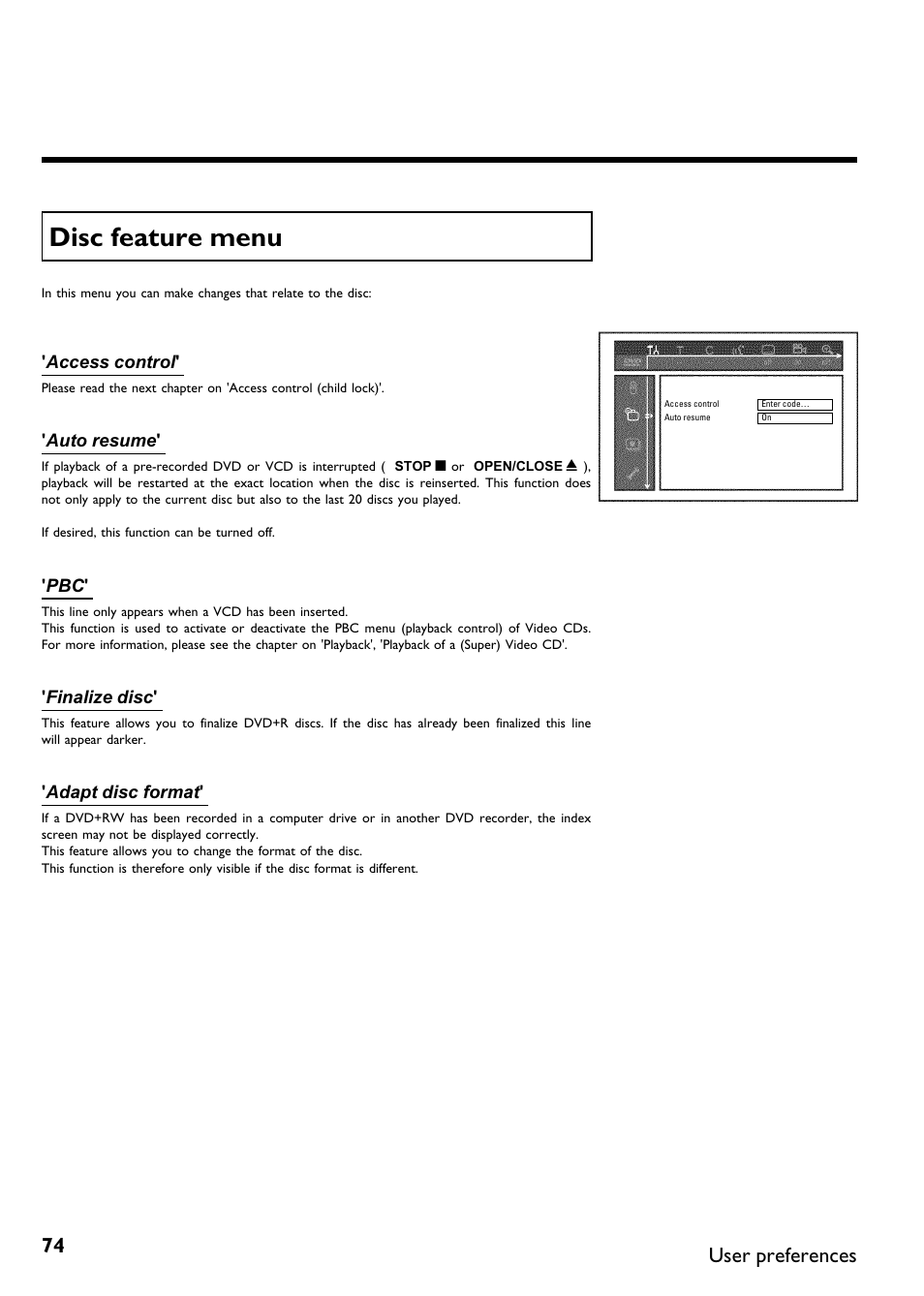 Disc feature menu, User preferences | Philips DVDR615-17B User Manual | Page 86 / 189