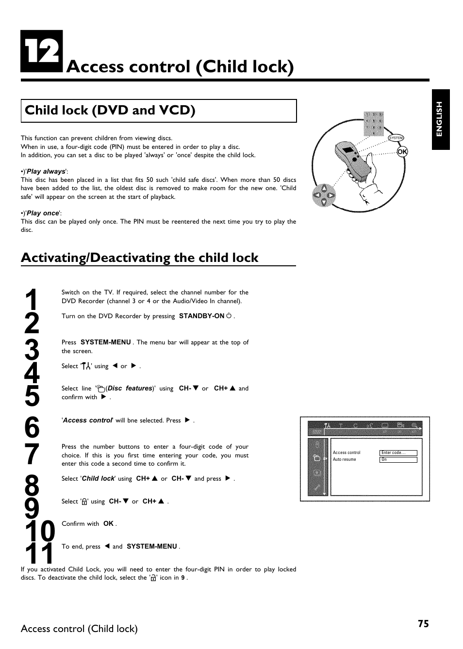 Access control (child lock) | Philips DVDR615-17B User Manual | Page 87 / 189