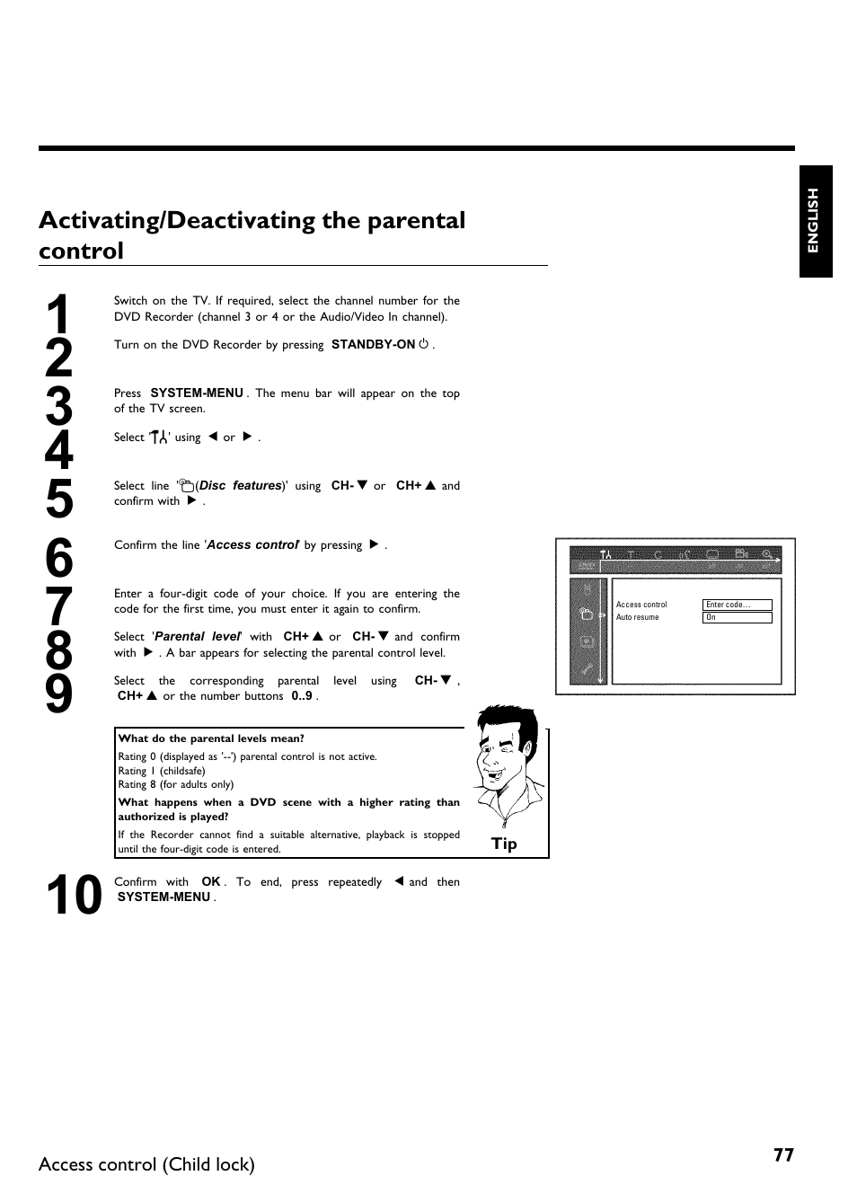 Activating/deactivating the parental control | Philips DVDR615-17B User Manual | Page 89 / 189