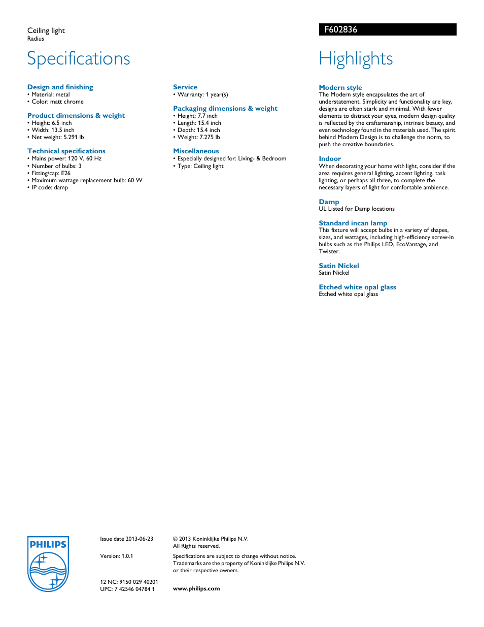 Specifications, Highlights | Philips F602836 User Manual | Page 2 / 2