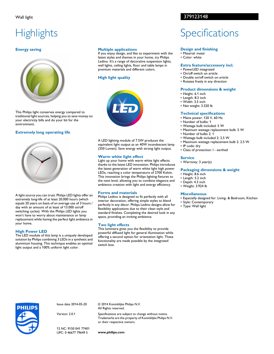 Highlights, Specifications | Philips 379123148 User Manual | Page 2 / 2