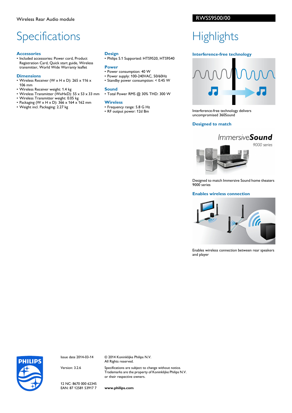 Specifications, Highlights | Philips RWSS9500-00 User Manual | Page 2 / 2